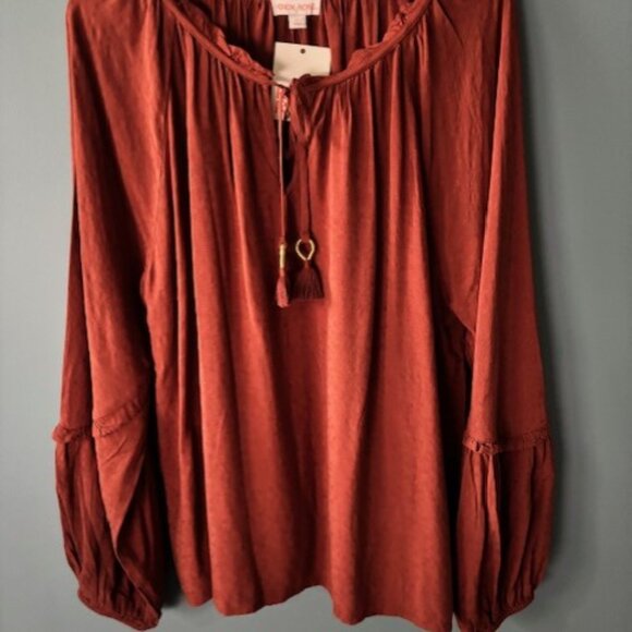 Knox Rose Womens L Brown Peasant Blouse V Neck Tassel Long Sleeve Boho Raglan. - Picture 3 of 8